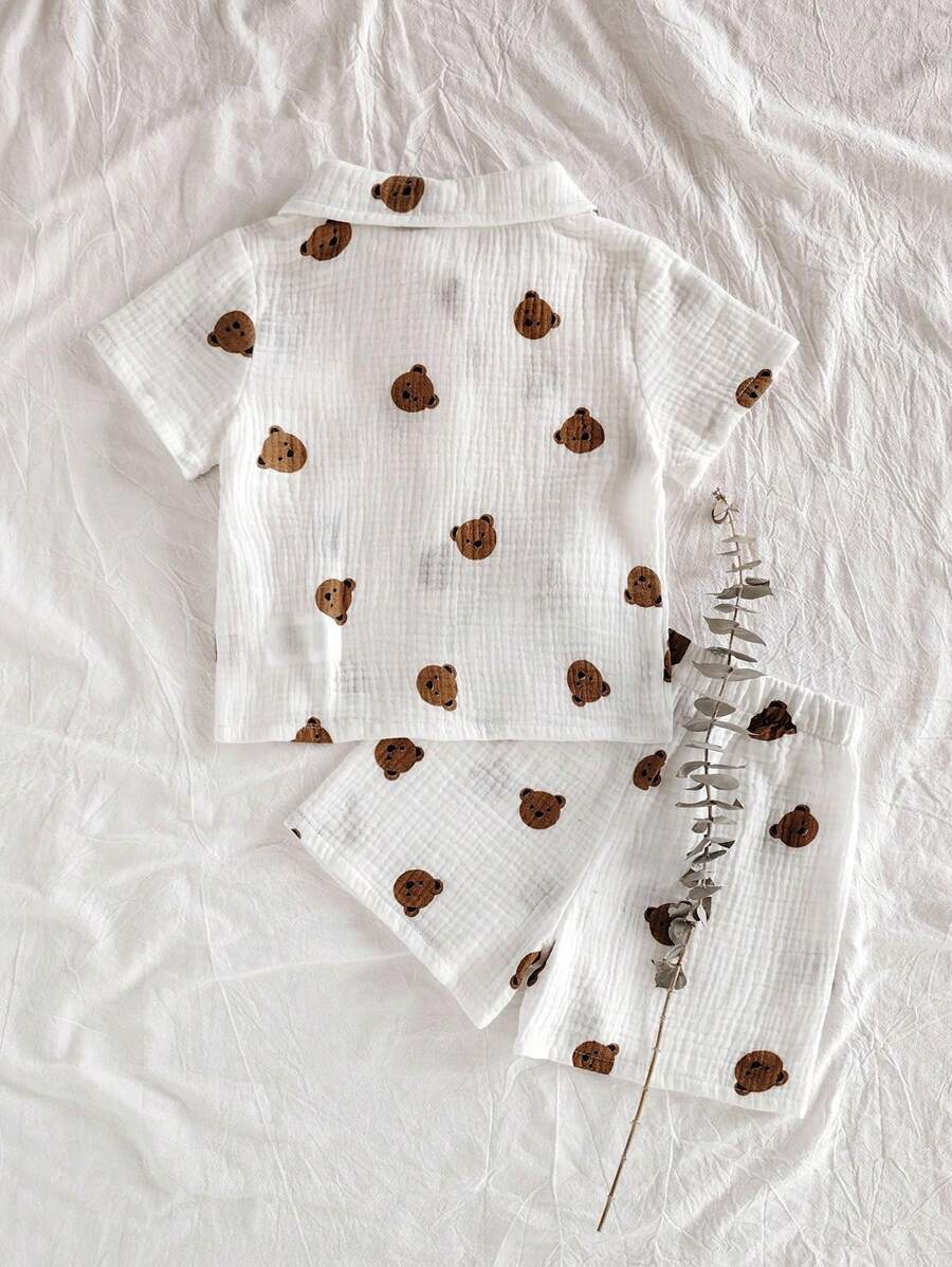Baby Boys Bear Print Collar Shirt & Shorts Set - Ivory