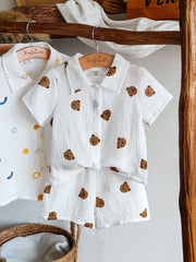Baby Boys Bear Print Collar Shirt & Shorts Set - Ivory
