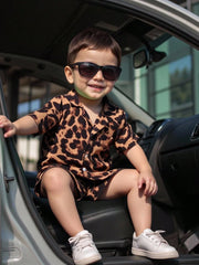 2pcs Boys Leopard Print Resort Collar Shirt & Shorts Set - Amber