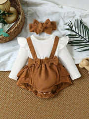 Baby Girls Ruffle Sleeve Corduroy Suspender Bodysuit Set - Amber