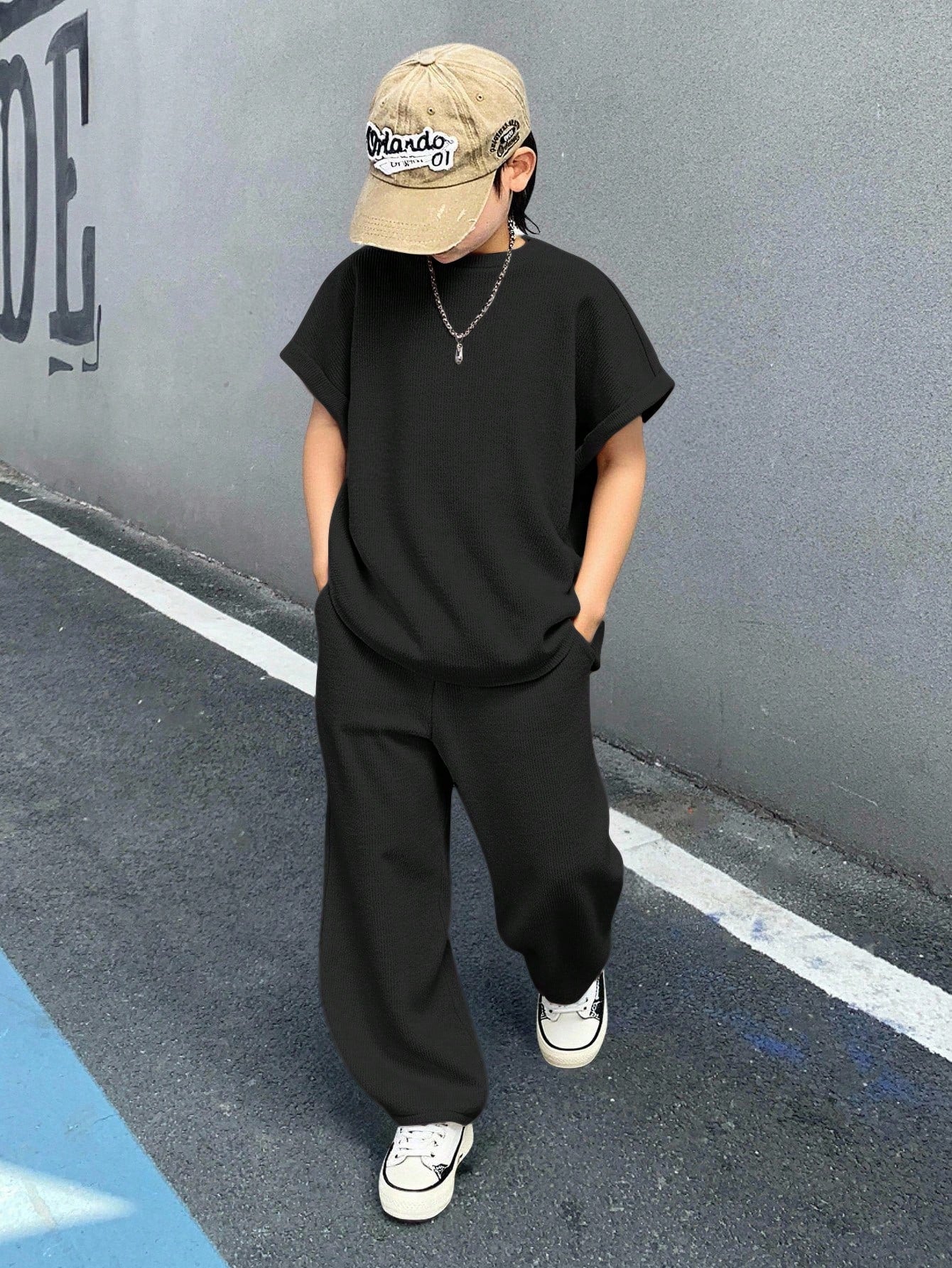 2pcs Boys Waffle-Knit Batwing Top & Wide-Leg Pants Set - Onyx | 21 ...