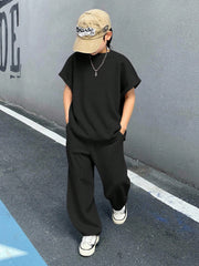 2pcs Boys Waffle-Knit Batwing Top & Wide-Leg Pants Set - Onyx | 21 ...