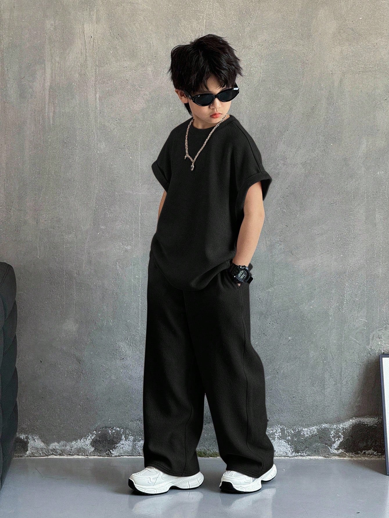 2pcs Boys Waffle-Knit Batwing Top & Wide-Leg Pants Set - Onyx | 21 ...