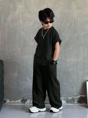 2pcs Boys Waffle-Knit Batwing Top & Wide-Leg Pants Set - Onyx | 21 ...