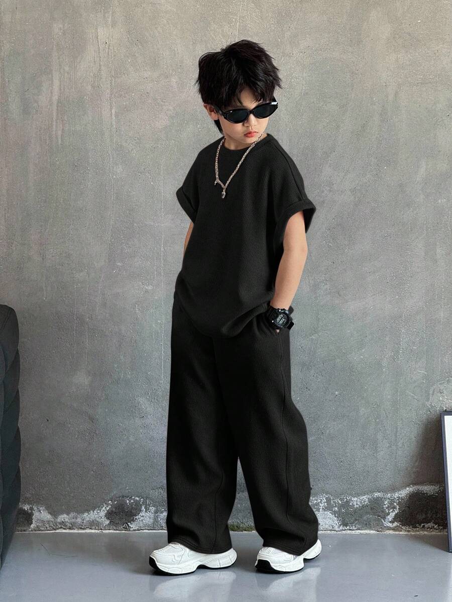 2pcs Boys Waffle-Knit Batwing Top & Wide-Leg Pants Set - Onyx | 21 ...