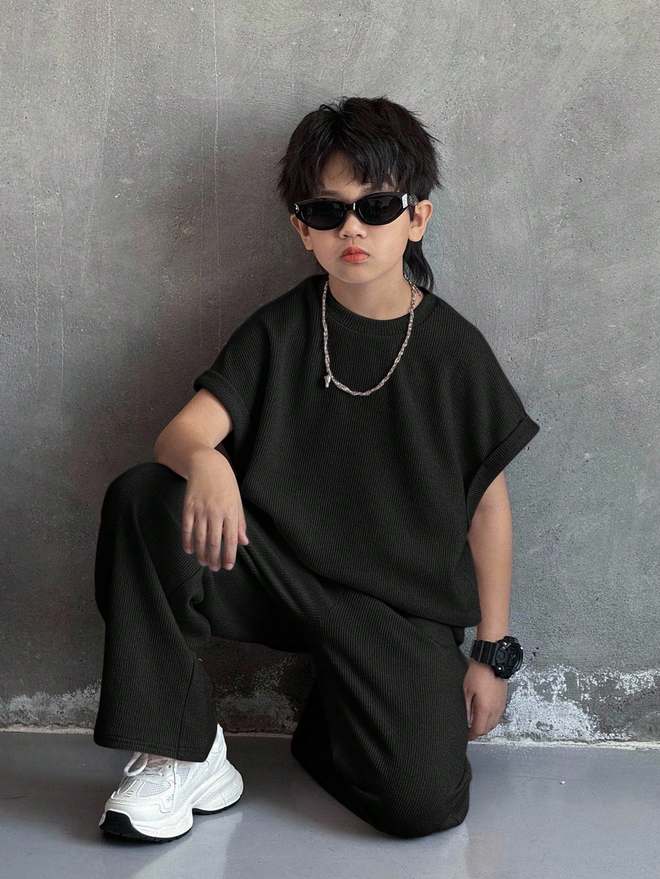 2pcs Boys Waffle-Knit Batwing Top & Wide-Leg Pants Set - Onyx | 21 ...