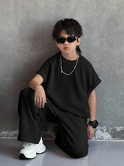 2pcs Boys Waffle-Knit Batwing Top & Wide-Leg Pants Set - Onyx | 21 ...
