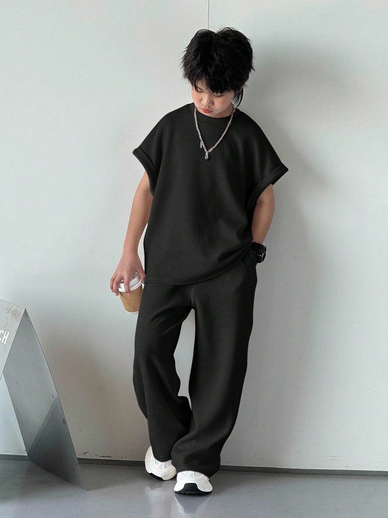 2pcs Boys Waffle-Knit Batwing Top & Wide-Leg Pants Set - Onyx | 21 ...
