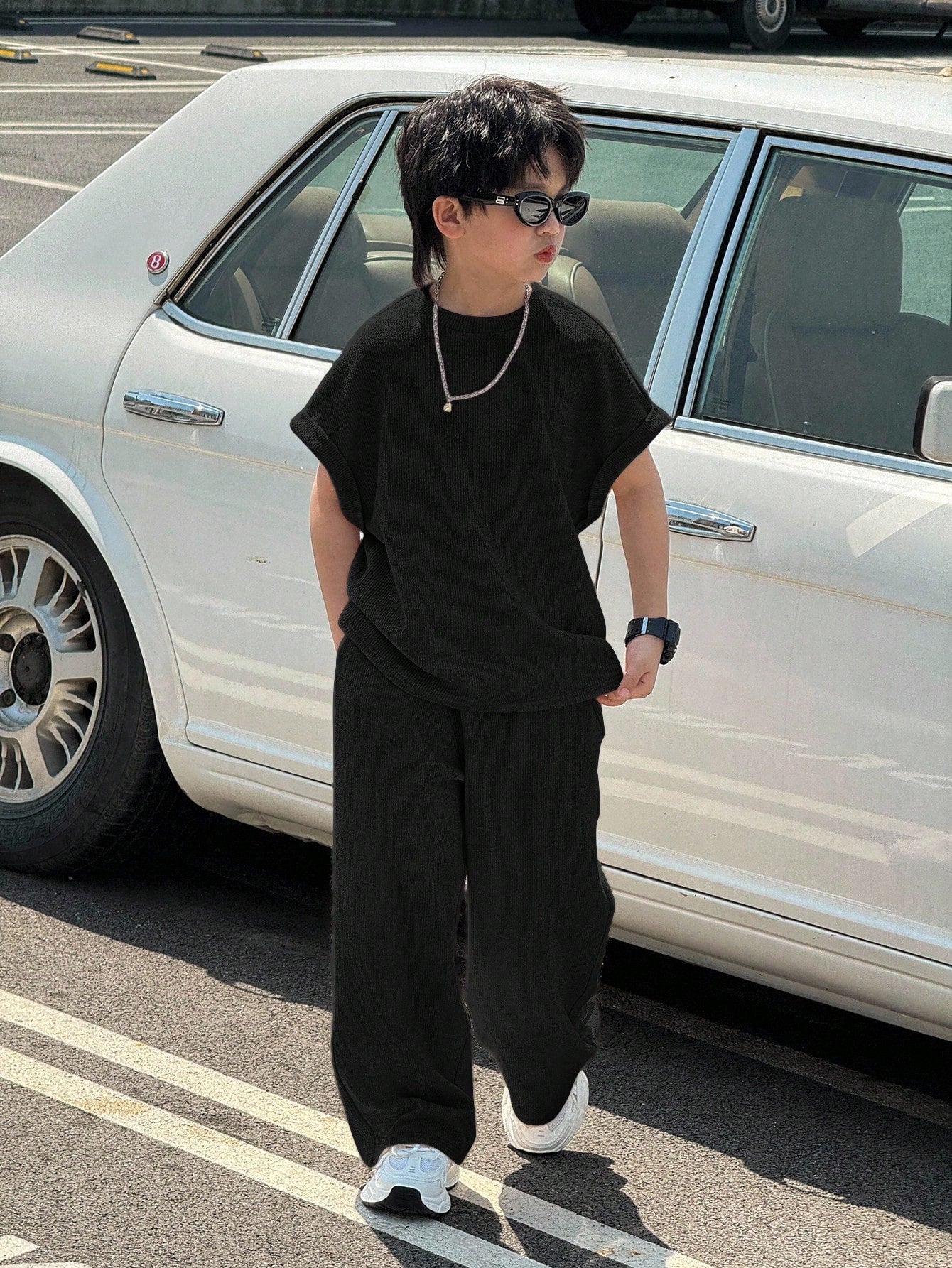 2pcs Boys Waffle-Knit Batwing Top & Wide-Leg Pants Set - Onyx | 21 ...
