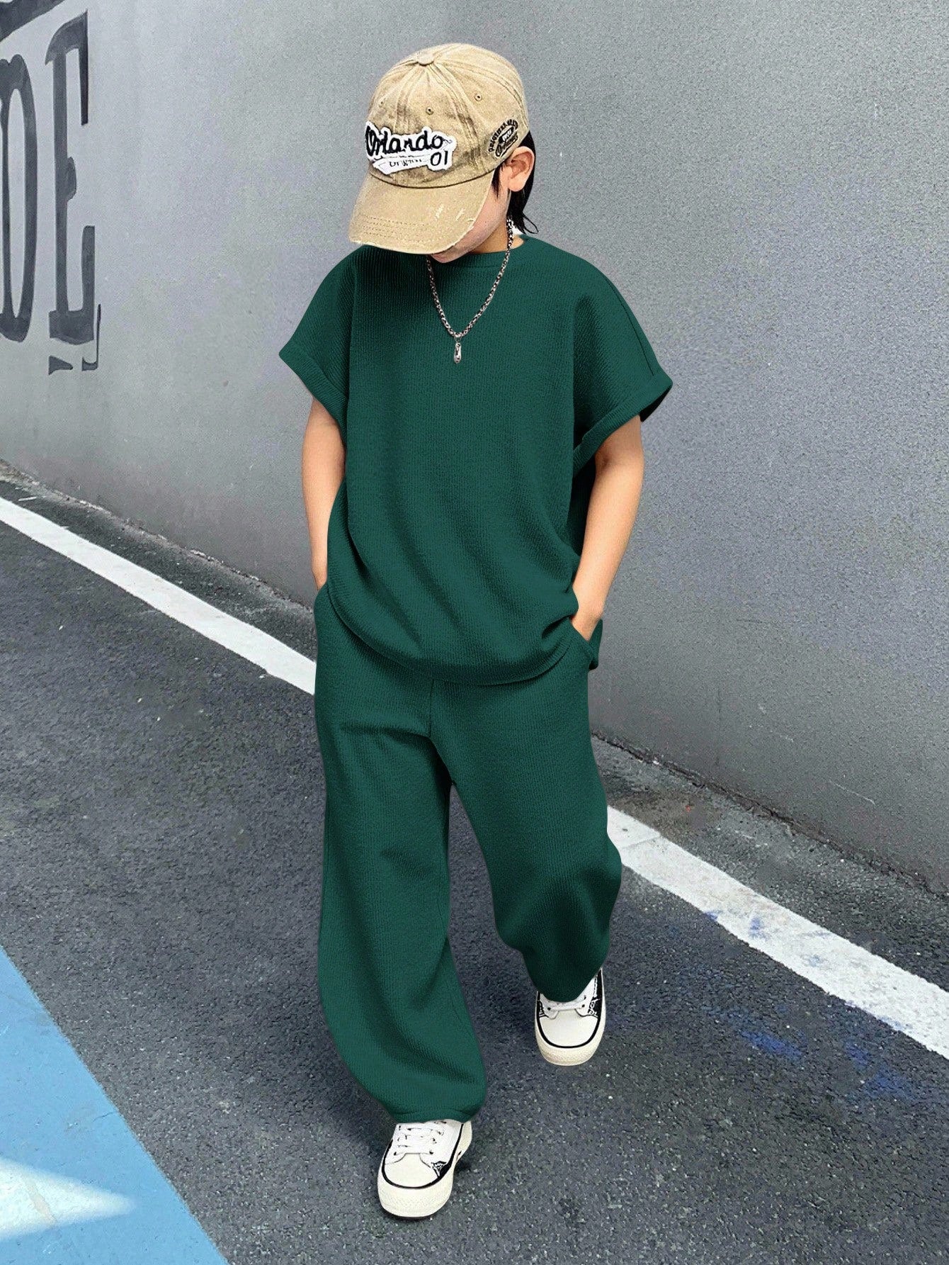 2pcs Big Boys Tank Top & Pants Set - Forest Green