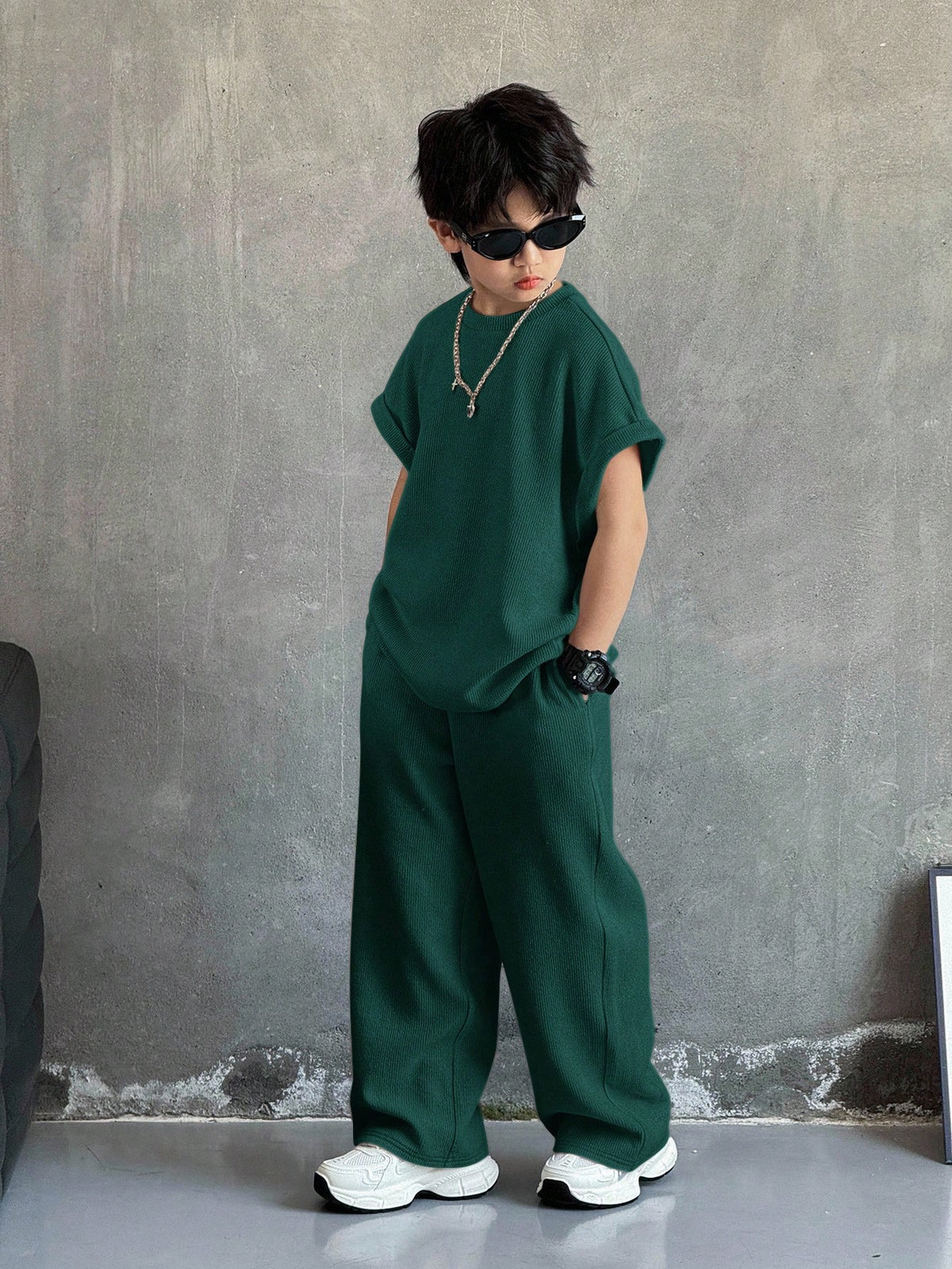 2pcs Big Boys Tank Top & Pants Set - Forest Green