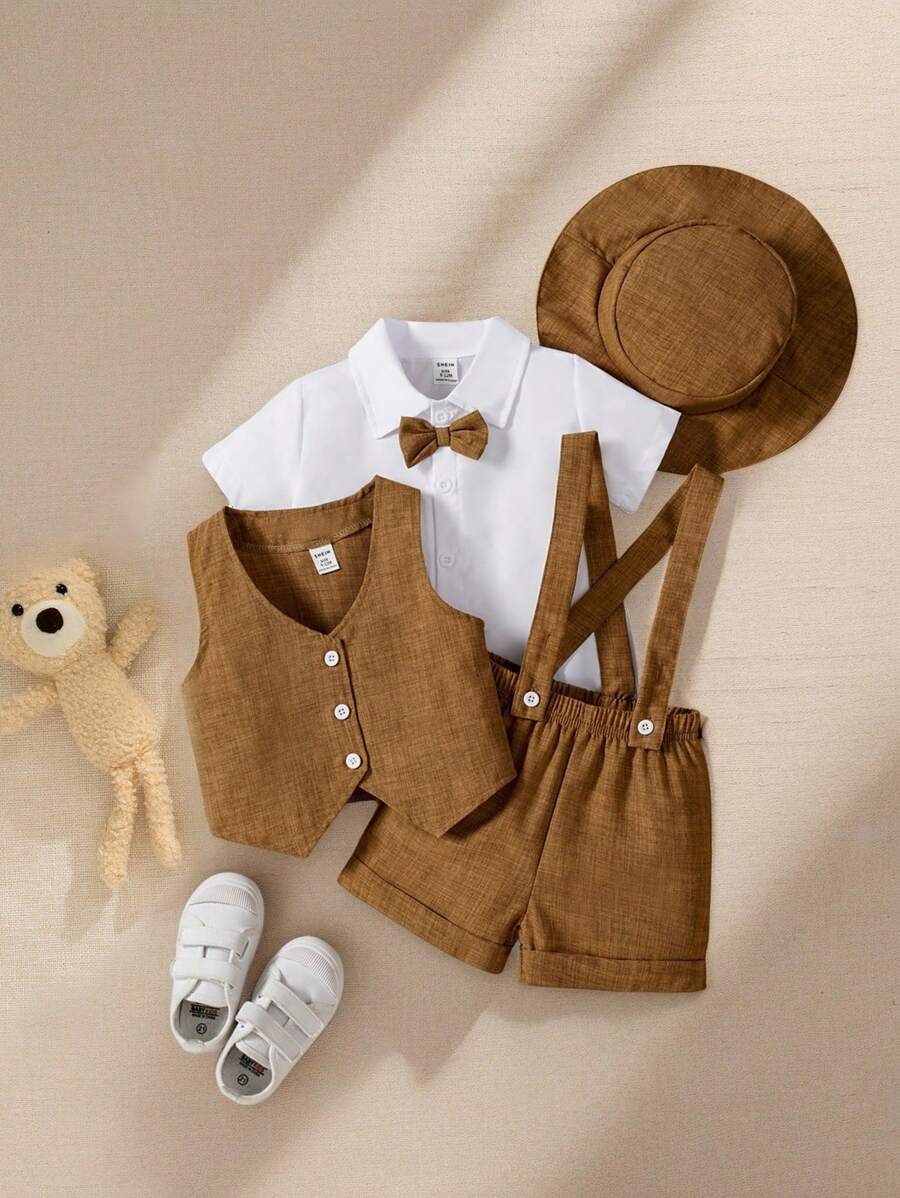 Boys Gentleman Bow Tie Shirt & Suspender Shorts - Latte