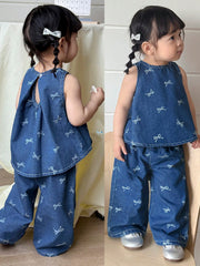 2pcs Girls Bow Print Denim Sleeveless Top & Wide-Leg Pants Set - Co...