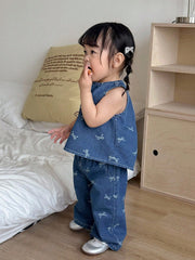2pcs Girls Bow Print Denim Sleeveless Top & Wide-Leg Pants Set - Co...