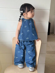 2pcs Girls Bow Print Denim Sleeveless Top & Wide-Leg Pants Set - Co...