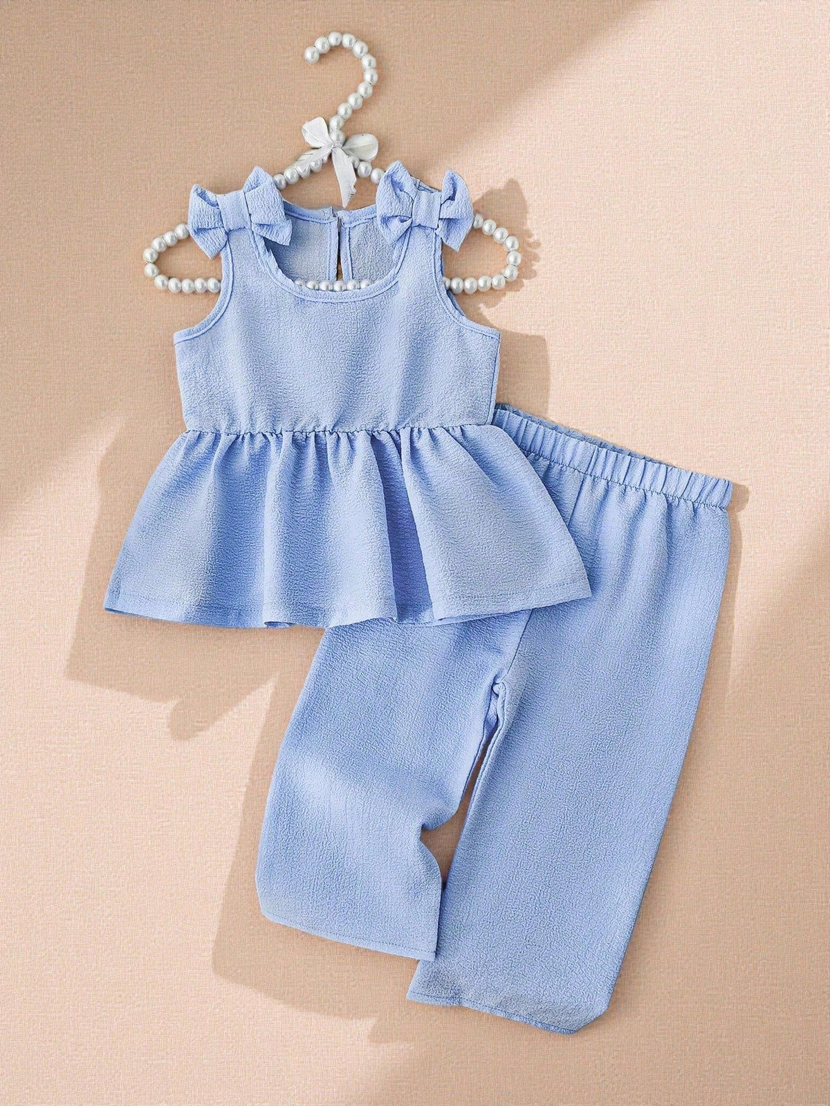 2pcs Girls Bow Shoulder Peplum Top & Wide-Leg Pants Set - Periwinkl...
