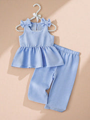 2pcs Girls Bow Shoulder Peplum Top & Wide-Leg Pants Set - Periwinkl...