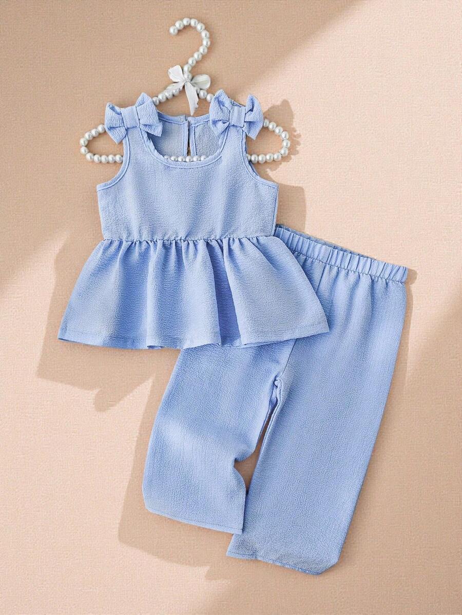 2pcs Girls Bow Shoulder Peplum Top & Wide-Leg Pants Set - Periwinkl...