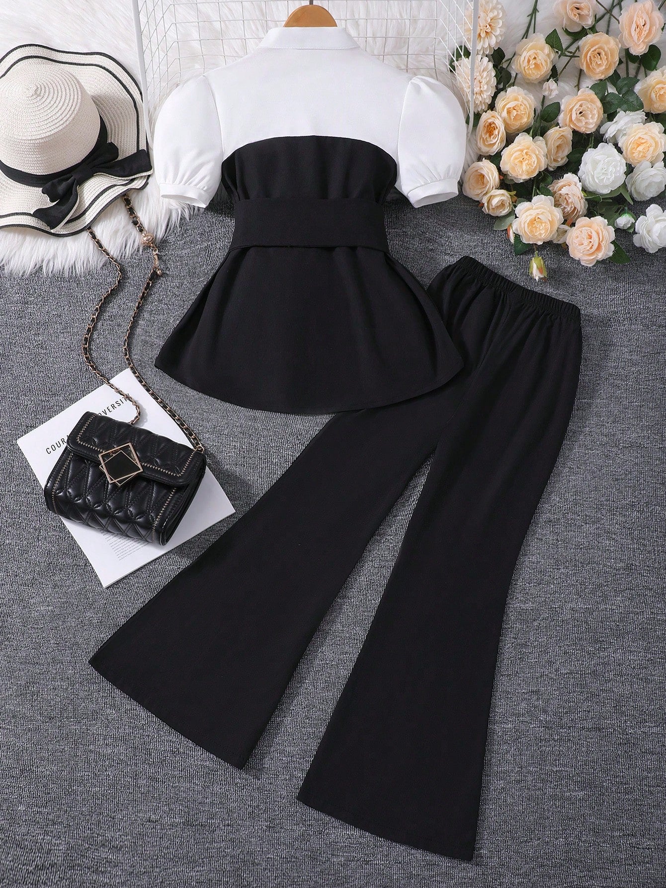 2pcs Big Girls Puff Sleeve Peplum Top & Wide-Leg Pants Set - Onyx |...