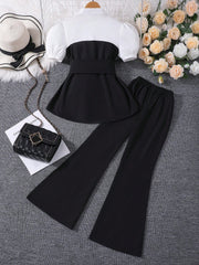 2pcs Big Girls Puff Sleeve Peplum Top & Wide-Leg Pants Set - Onyx |...