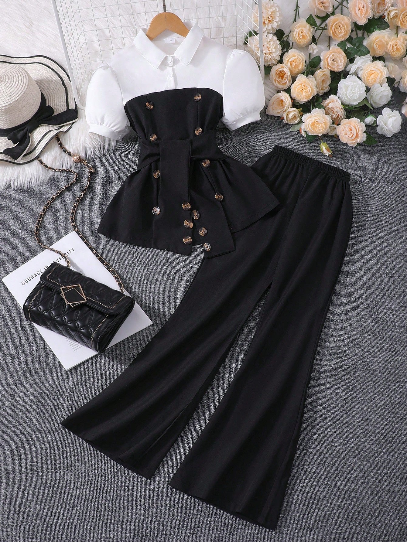 2pcs Big Girls Puff Sleeve Peplum Top & Wide-Leg Pants Set - Onyx |...