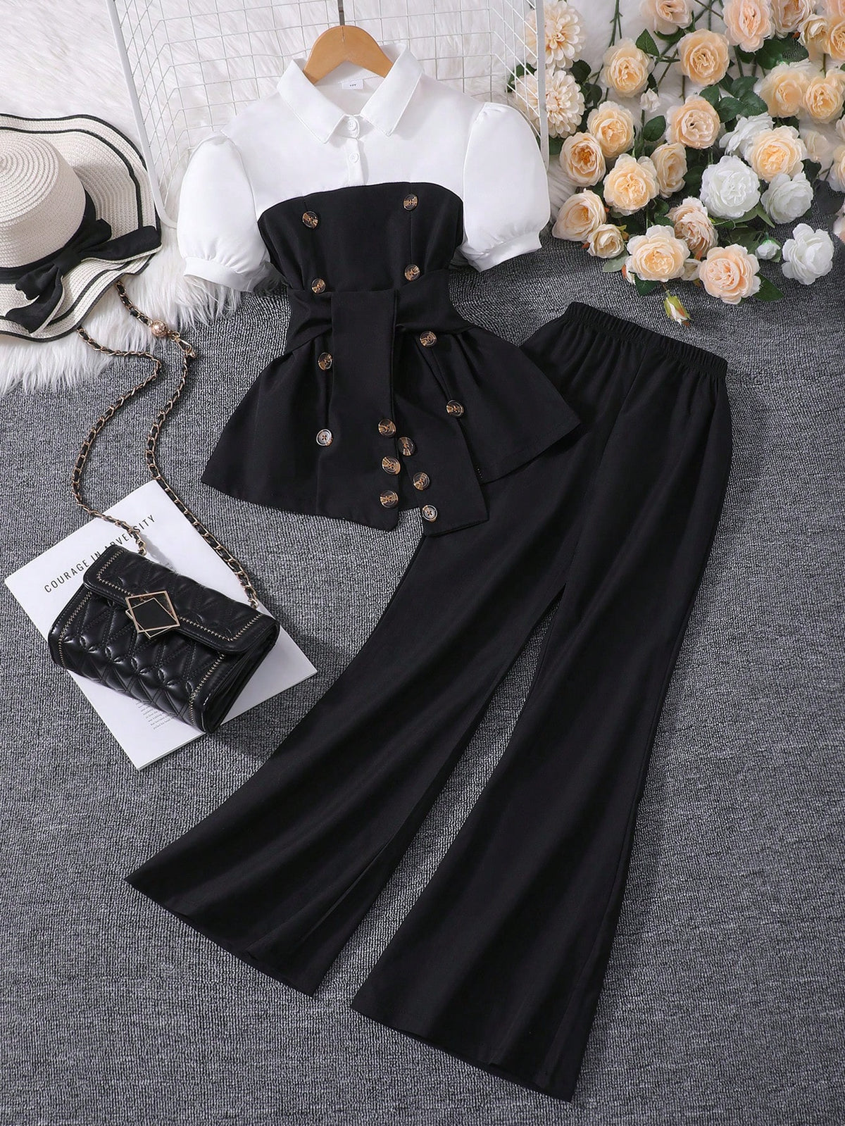 2pcs Big Girls Puff Sleeve Peplum Top & Wide-Leg Pants Set - Onyx |...