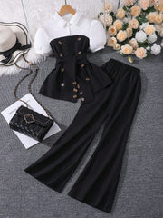 2pcs Big Girls Puff Sleeve Peplum Top & Wide-Leg Pants Set - Onyx |...