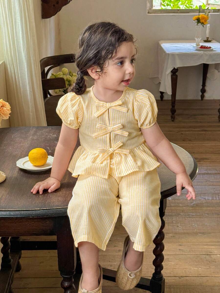 2pcs Girls Striped Bow Peplum Top & Wide-Leg Pants Set - Buttercup ...