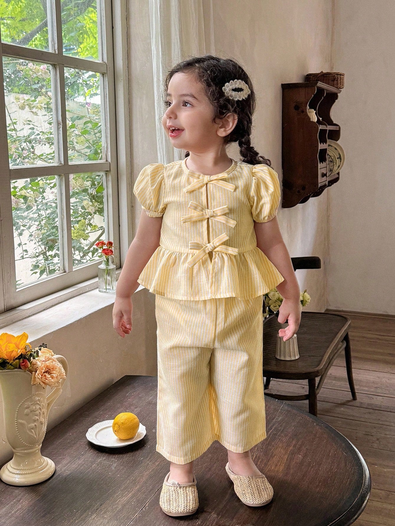 2pcs Girls Striped Bow Peplum Top & Wide-Leg Pants Set - Buttercup ...