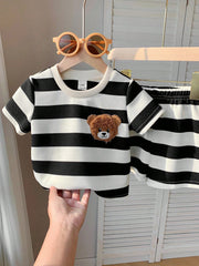 2pcs Boys Bear Embroidered Stripe Tee & Shorts Set - Ivory