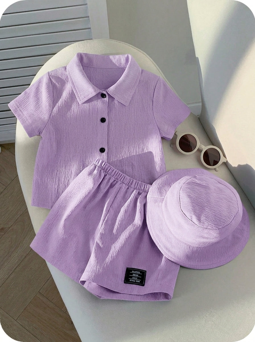 3pcs Unisex Crinkle Polo Shirt, Shorts & Bucket Hat Set - Wisteria