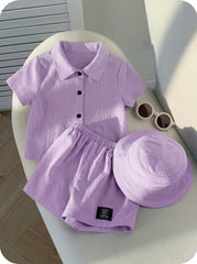 3pcs Unisex Crinkle Polo Shirt, Shorts & Bucket Hat Set - Wisteria