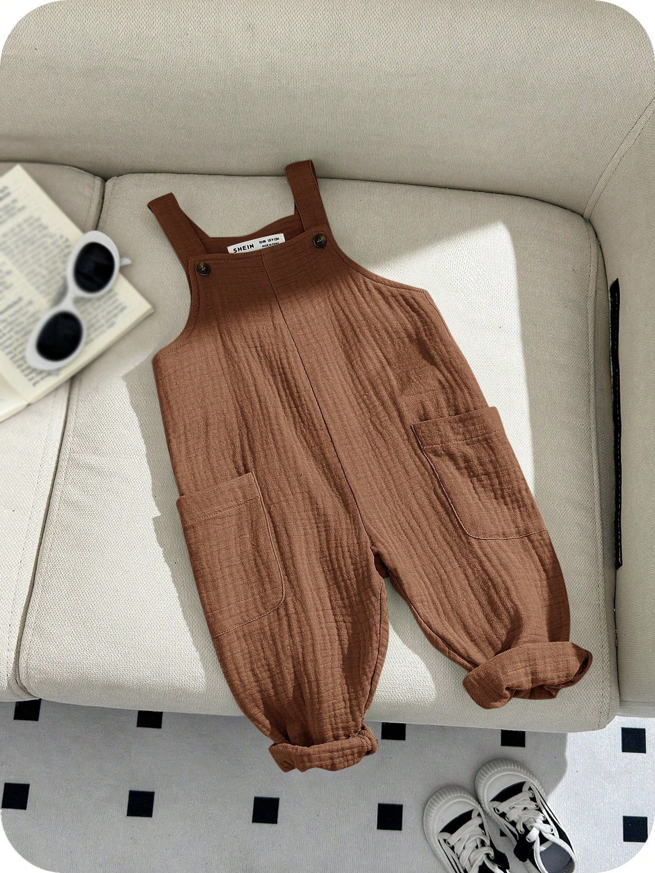 Baby Boys Textured Cotton Bib Overall - Cognac
