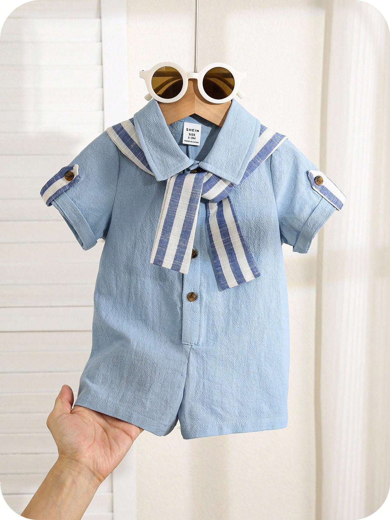 Boys Sailor Collar Striped Cape Short-Sleeve Romper - Cerulean | 21...