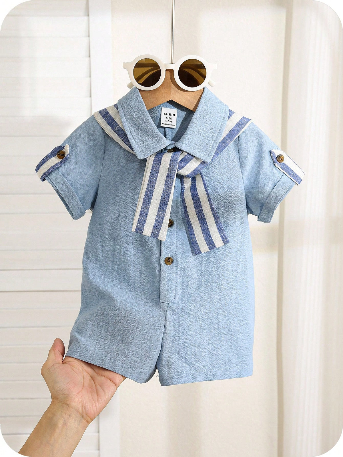Boys Sailor Collar Striped Cape Short-Sleeve Romper - Cerulean | 21...