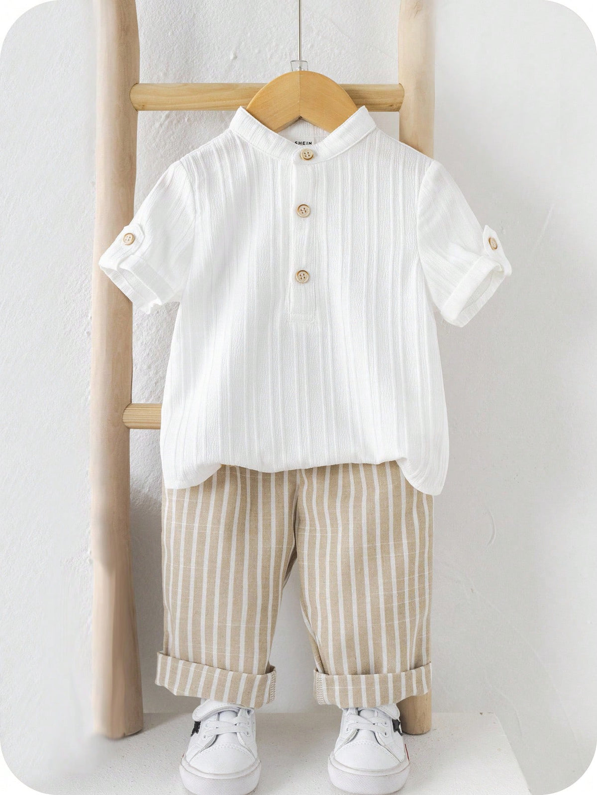2pcs Boys Stand Collar Shirt & Striped Trousers Set - Ivory