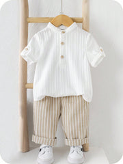 2pcs Boys Stand Collar Shirt & Striped Trousers Set - Ivory
