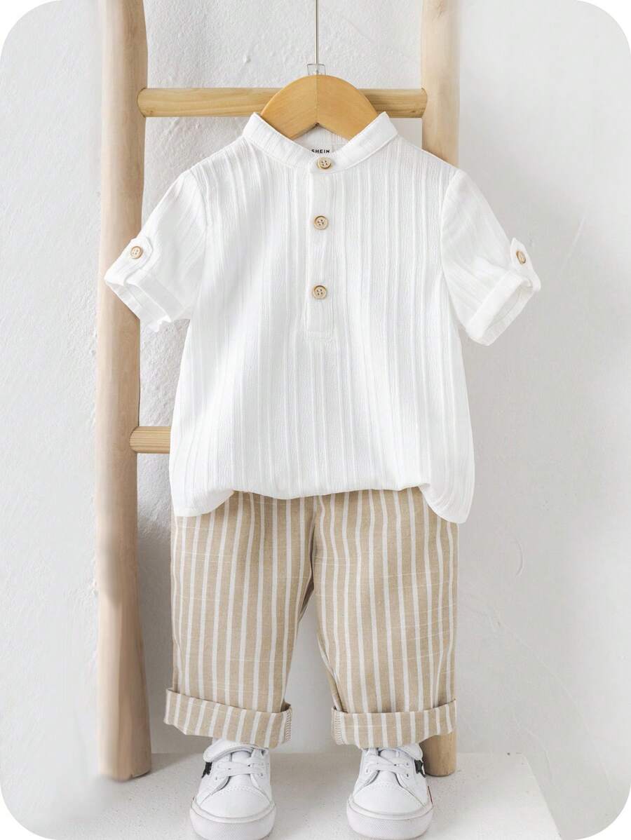 2pcs Boys Stand Collar Shirt & Striped Trousers Set - Ivory