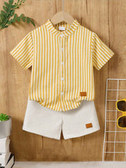 2pcs Boys Striped Stand Collar Shirt & Shorts Set - Buttercup