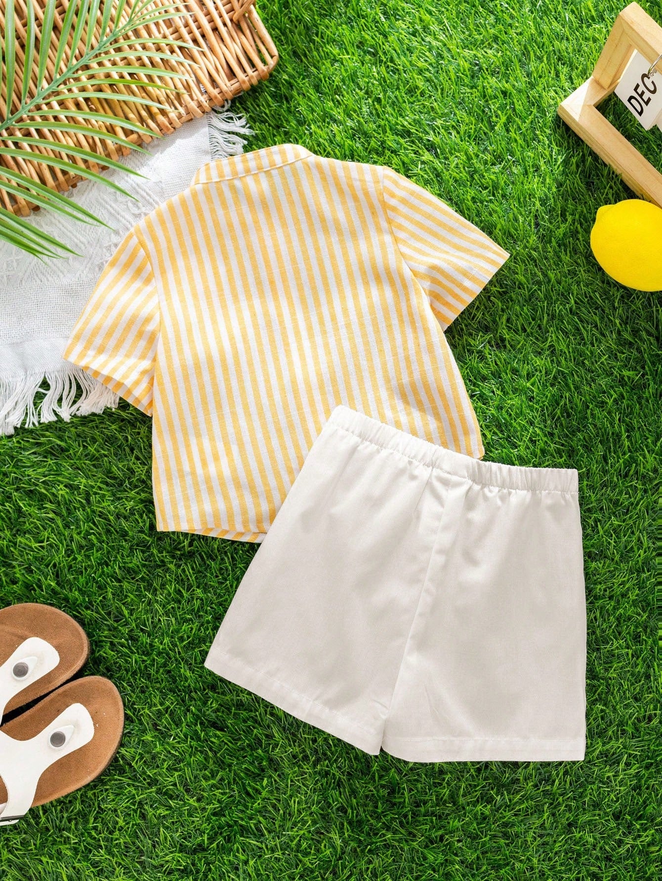 2pcs Boys Striped Stand Collar Shirt & Shorts Set - Buttercup
