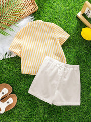 2pcs Boys Striped Stand Collar Shirt & Shorts Set - Buttercup