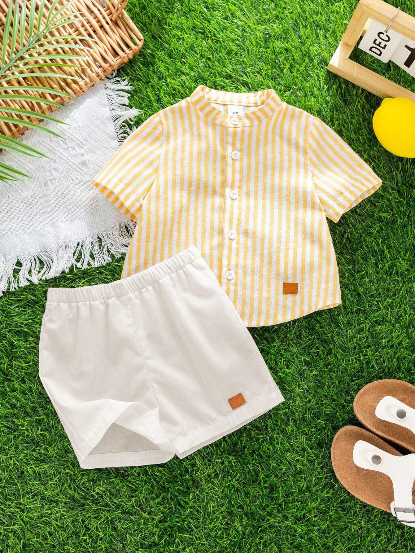 2pcs Boys Striped Stand Collar Shirt & Shorts Set - Buttercup