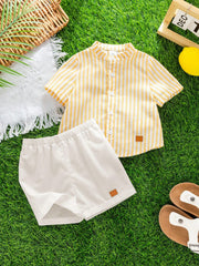 2pcs Boys Striped Stand Collar Shirt & Shorts Set - Buttercup