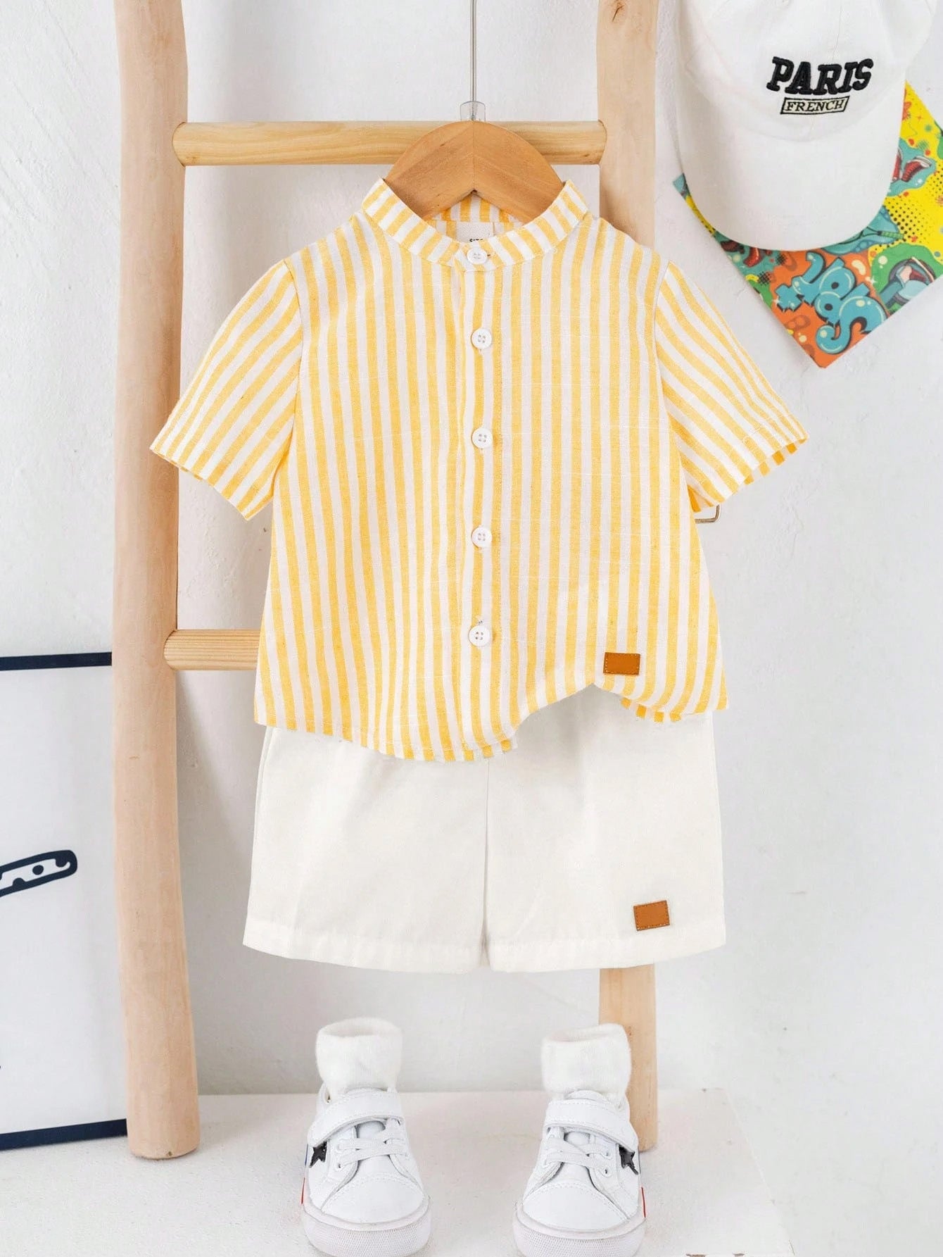 2pcs Boys Striped Stand Collar Shirt & Shorts Set - Buttercup
