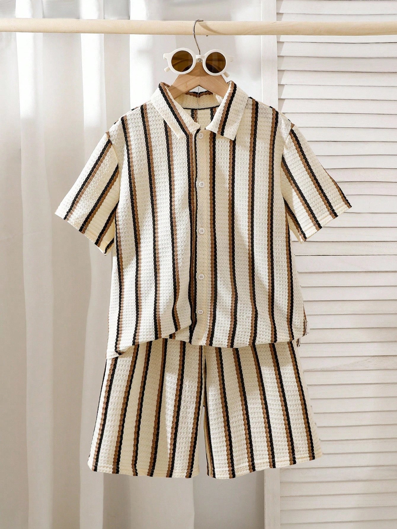 3pcs Boys Waffle-Knit Striped Shirt & Shorts Set - Ecru | 21 Centur...