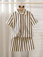3pcs Boys Waffle-Knit Striped Shirt & Shorts Set - Ecru | 21 Centur...