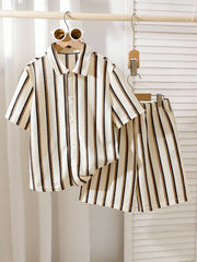 3pcs Boys Waffle-Knit Striped Shirt & Shorts Set - Ecru | 21 Centur...