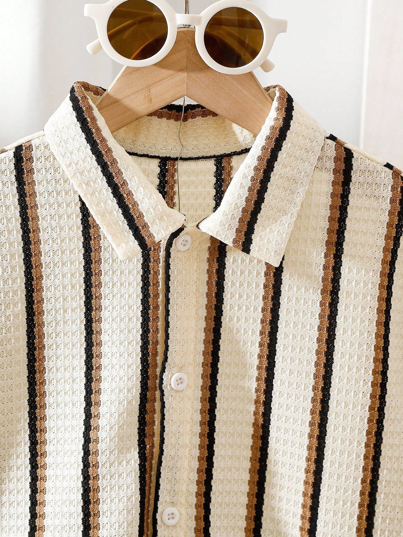 3pcs Boys Waffle-Knit Striped Shirt & Shorts Set - Ecru | 21 Centur...