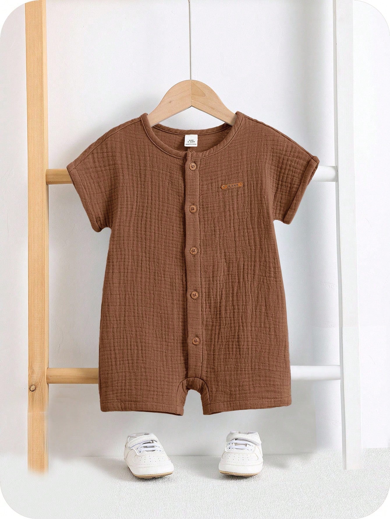 Baby Boys Button-Front Muslin Short Romper - Mocha