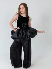 2pcs Big Girls Velvet Peplum Top & Sequin Wide-Leg Pants Set - Onyx...